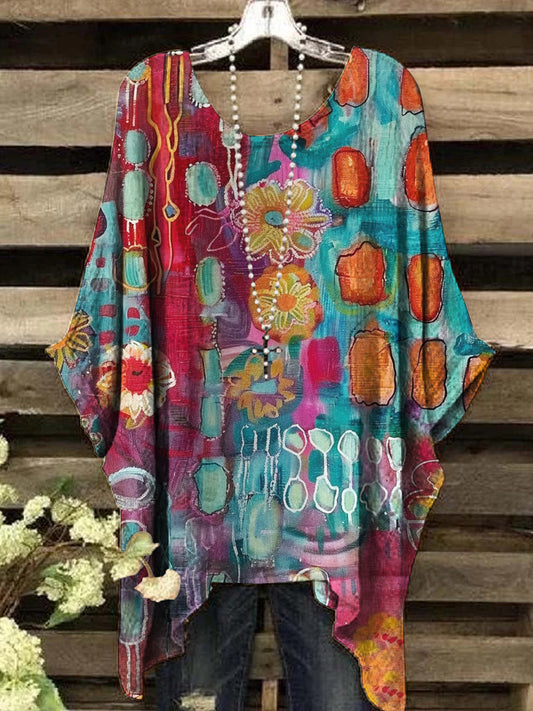 Women's Oil Painting Abstract Print Vintage Top