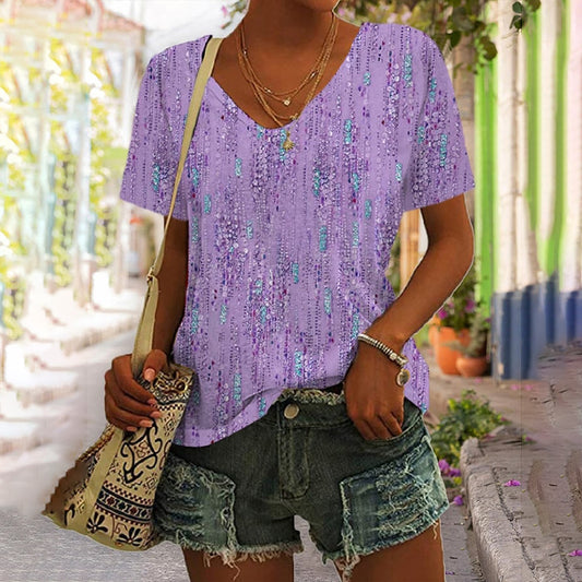 Women's Sequin Art Print V-neck Short Sleeve T-shirt