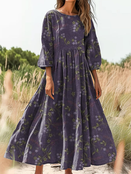 Women's Vintage Floral Art Print Flowy Cotton Crew Neck Dress