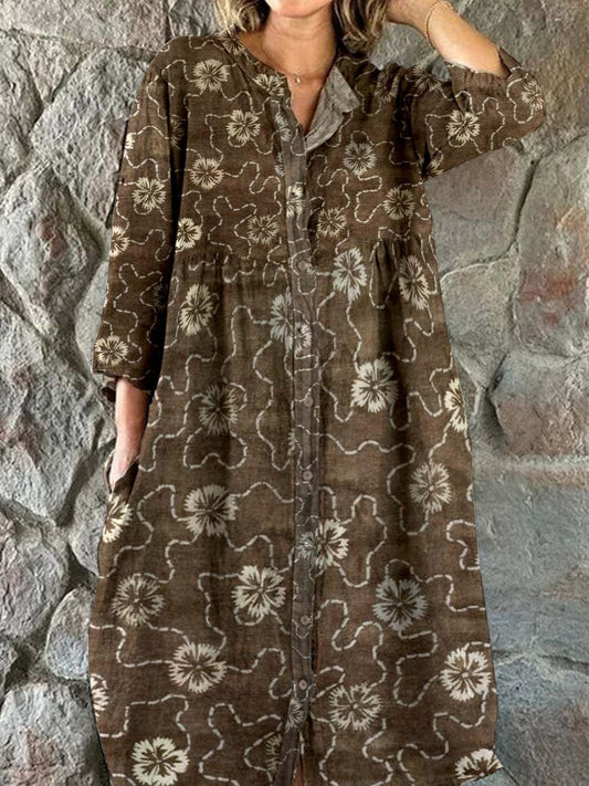 Women's Elegant Simple Shirt Style Cotton and Linen Dress with Decorat