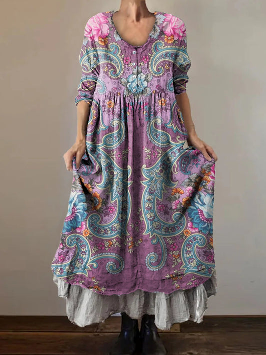 Women's Bohemian Paisley Art Motifs Print Button Pocket Cotton Dress