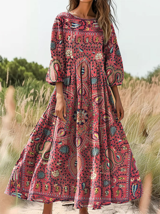 Women's Bohemian Floral Art Print Flowy Crew Neck Cotton Pocket Dress