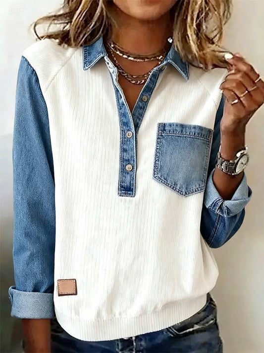 Women'S Casual Contrast Color Denim Patchwork Long-Sleeved Top 