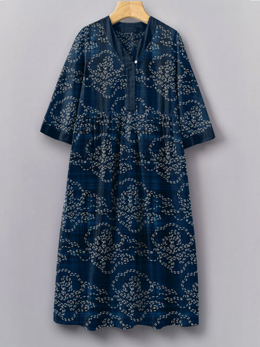 Japanese Traditional Sashiko Art Pattern V-Neck Long Sleeves Dress