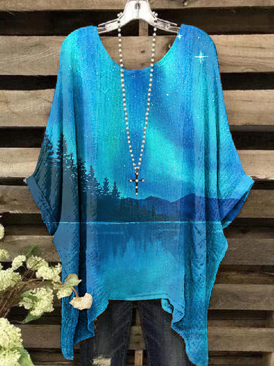 Women's Elegant Starry Lake Pattern Crew Neck Top