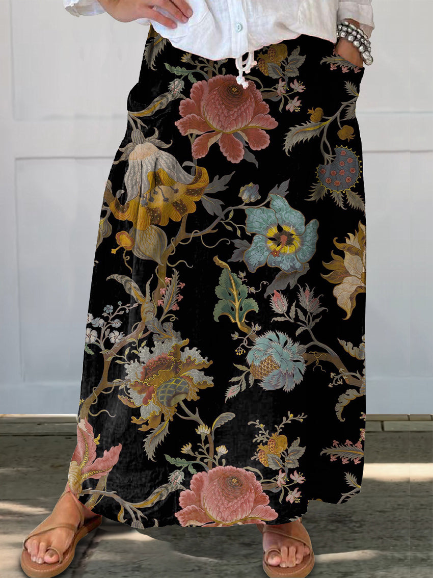 Women's Vintage Ethnic Floral Art Print Linen Pocket Skirt