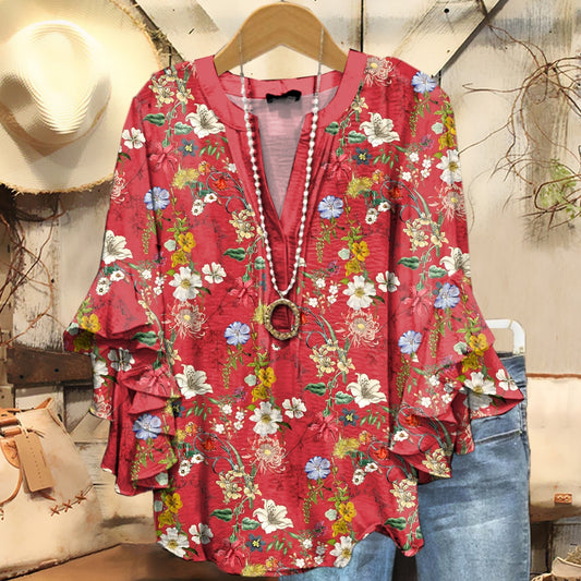 Women's Folk Floral Pattern Print Casual Ruffle Sleeve Top