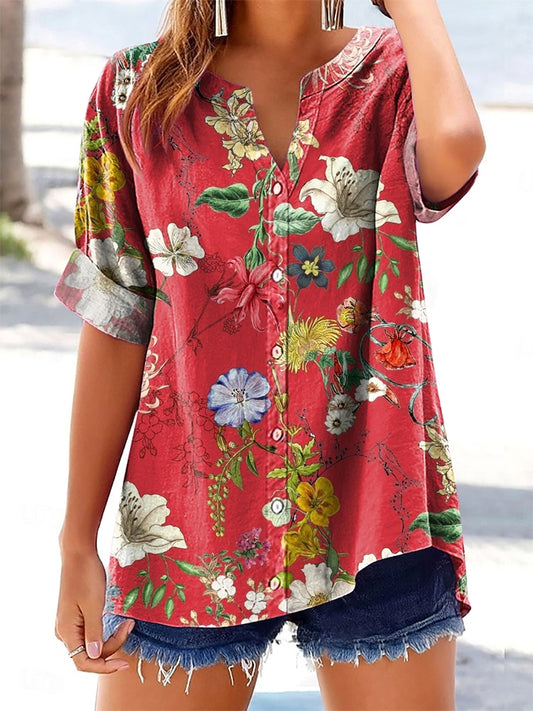 Women's Folk Floral Art Printed Casual Short Sleeve Cotton and Linen S