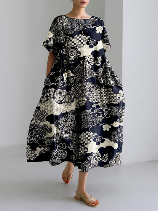 Cherry Blossom Clouds Japanese Art Linen Blend Maxi Dress
