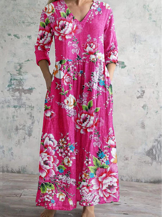 Women's Retro Floral Pattern Cotton And Linen Dress