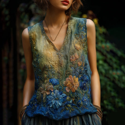 Vintage Oil Painting Floral Embroidered Contrast Flowy Linen Sleeveless Top