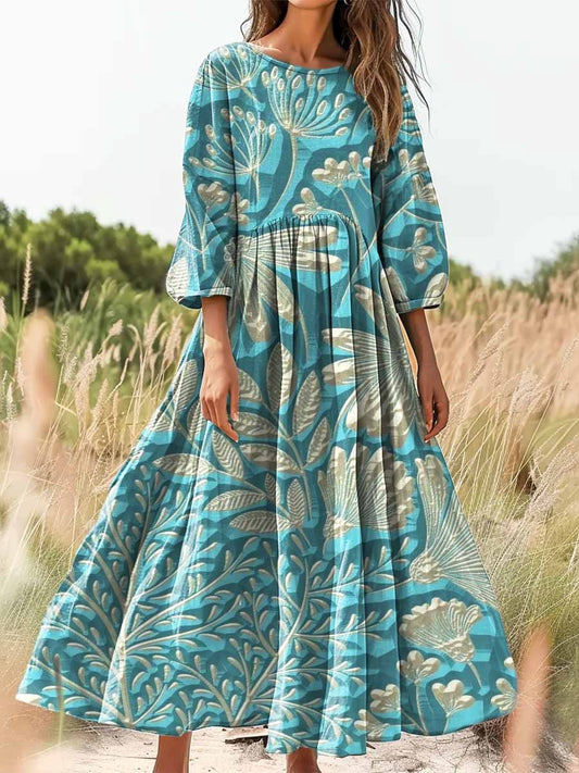 Women's Folk Floral Art Print Flowy Cotton Crew Neck Dress