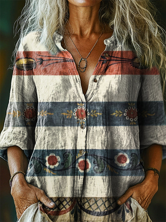 Women's Vintage Bohemian Floral Art Print Casual Cotton Linen Shirt