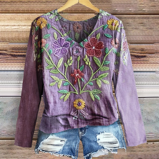 Women's Vintage Ethnic Floral Art Print Casual V-neck Long Sleeve T-sh