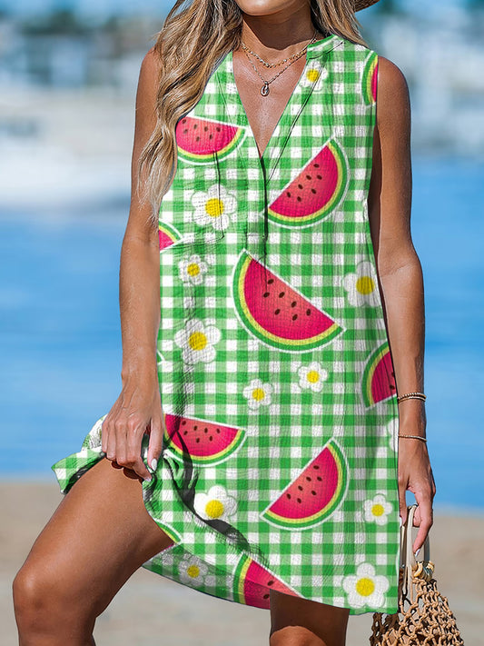Watermelon and Flower Women's Print Casual Cotton And Linen 3/4 Sleeve Shirt