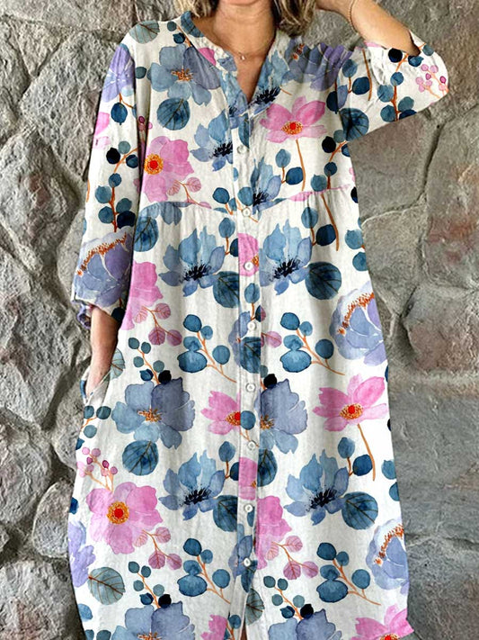 Women's Resort Watercolor Floral Pattern Cotton Shirt Dress