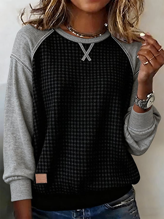 Women's Casual Crew Neck Contrast Waffle Sweatshirt 