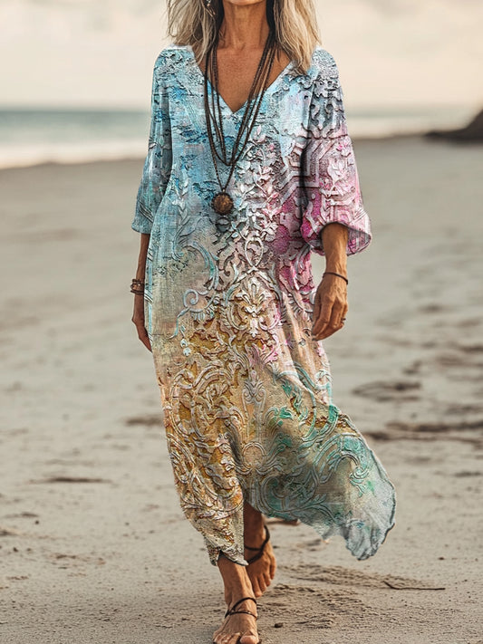 Women's Retro Ethnic Gradient Totem Art Print Pocket Cotton Dress