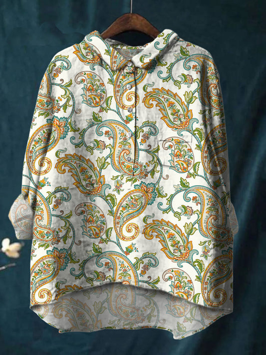 Colorful Paisley Printed Cotton And Linen Shirt