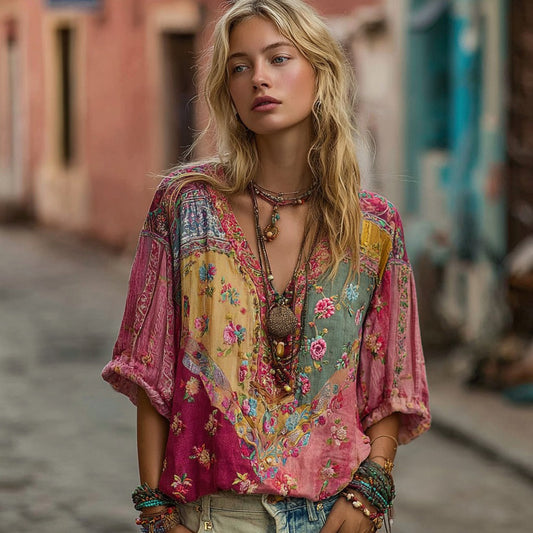 Women's Vintage Bohemian Floral Colorblock Design V-neck Linen Blend T-shirt