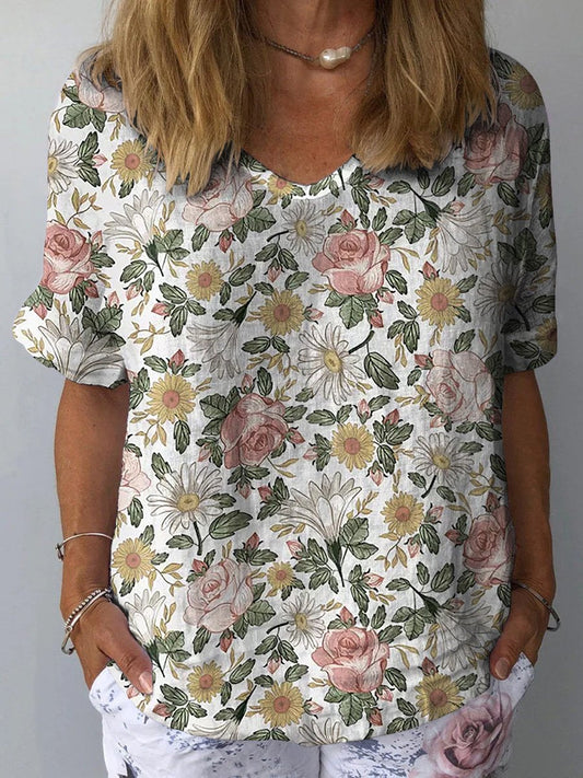 Retro Style Romantic French Garden Pattern Printed Women's Casual Cotton And Linen Shirt