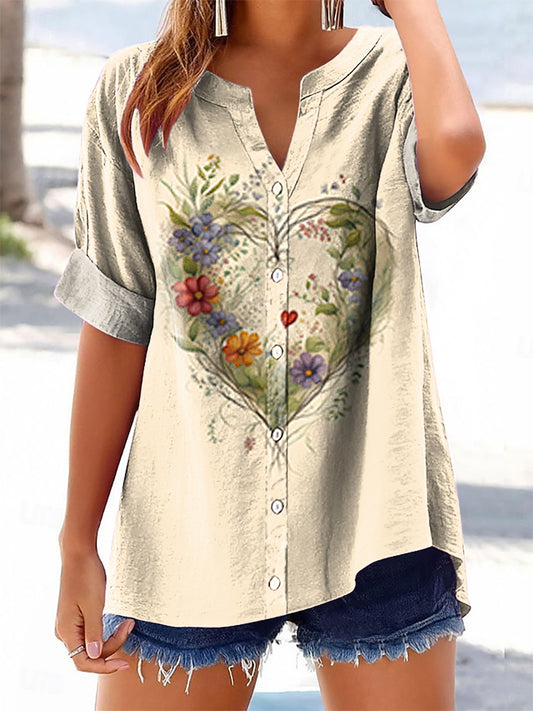 Women's Floral Heart Pattern Art Print Casual Cotton Linen Short Sleev