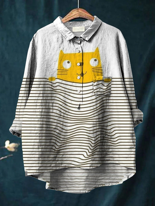 Women's  Cat Print Casual Cotton And Linen Shirt