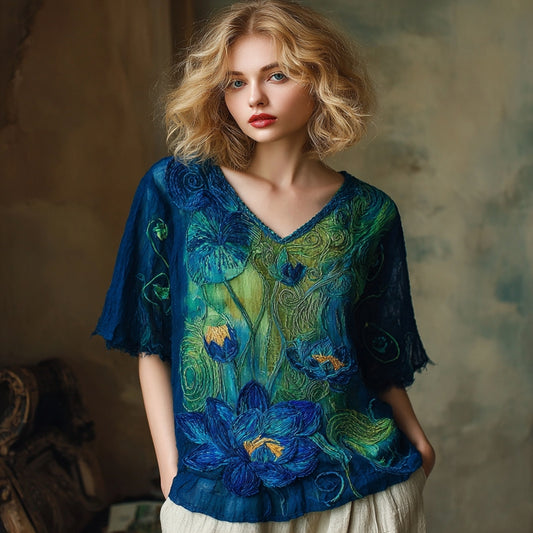Women's Vintage Lotus Floral Landscape Art Embroidery Sleeve Shirt