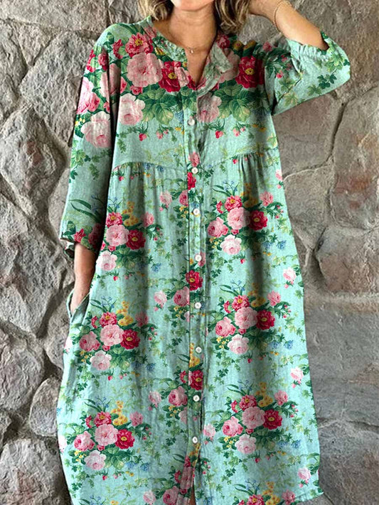 Women's Elegant Pastoral Floral Cotton and Linen Dress