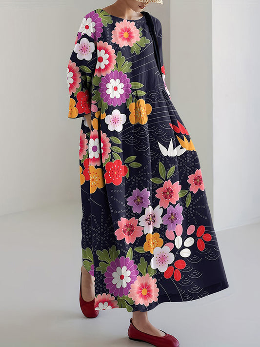 Japanese Art Flower Print Casual Loose Midi Dress