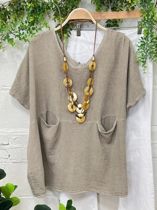 Women's Linen Crew Neck Drop Shoulder Pocket Top