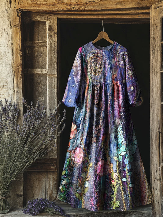 Women's Vintage Floral Print Flowy Cotton Crew Neck Dress