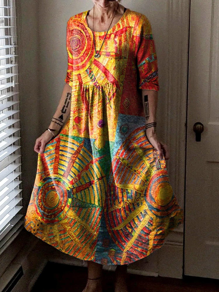 Women's Sun Collage Art Pattern Print Pocket Cotton Dress