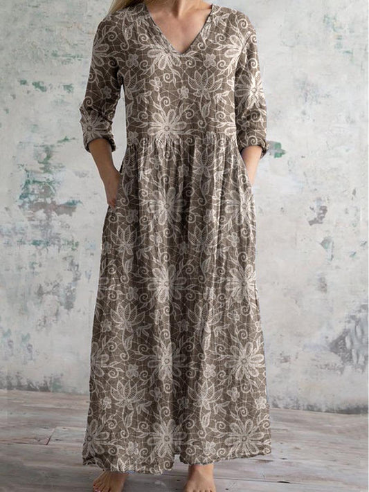 Women's V-neck Elegant Simple Floral Pattern Cotton And Linen Dress Wi