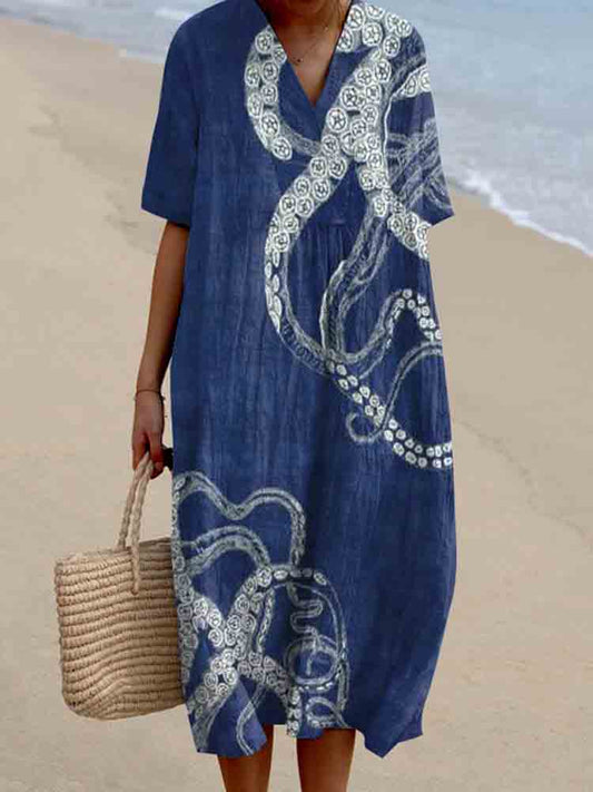 Women's Octopus Art Print V-Neck Midi Dress