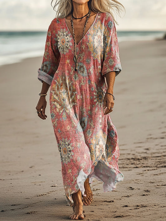 Women's Retro Ethnic Totem Art Print Pocket Cotton Dress
