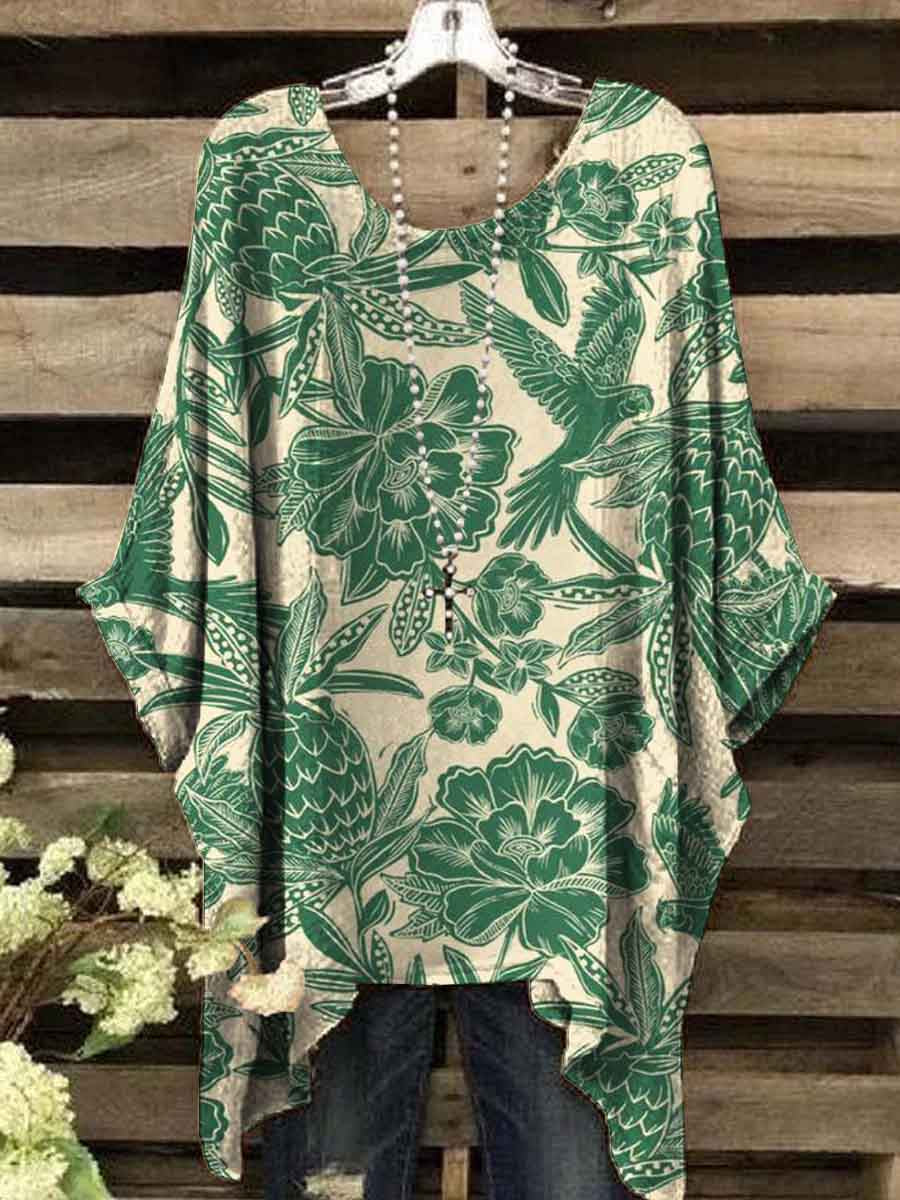 Women's Vintage Floral Bird Print Top