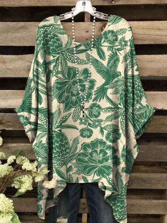 Women's Vintage Floral Bird Print Top