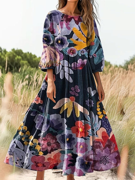 Women's Bohemian Floral Print Flowy Cotton Crew Neck Dress