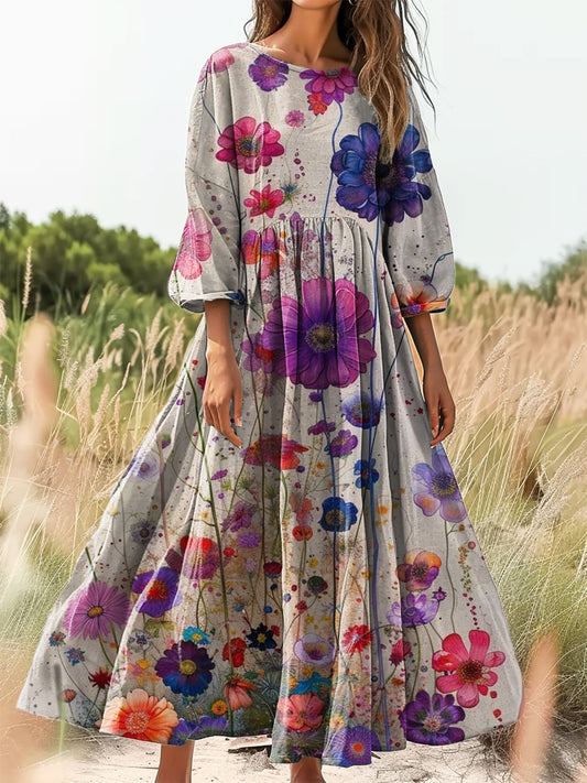 Women's Vintage Floral Art Print Flowy Cotton Crew Neck Dress