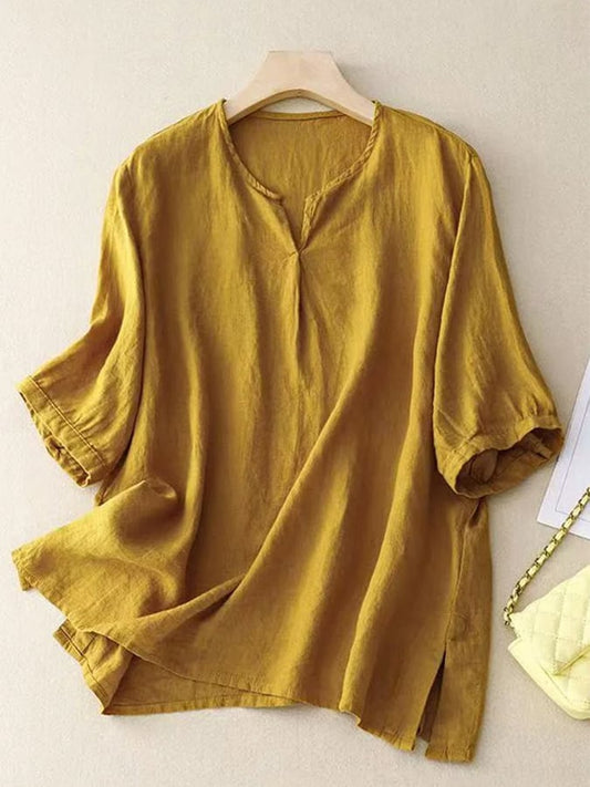 Women's Summer V-neck Side-opening Cotton&Linen Short Sleeve Shirt 