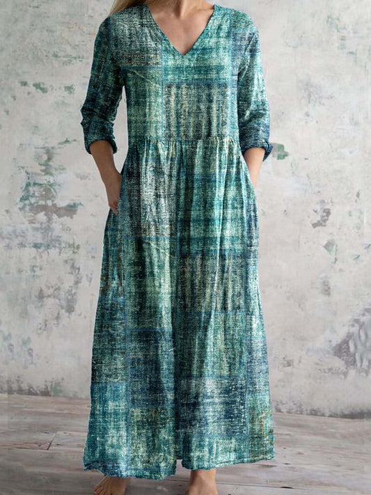 Women's Elegant Retro Art Texture Pattern Cotton and Linen Dress with 