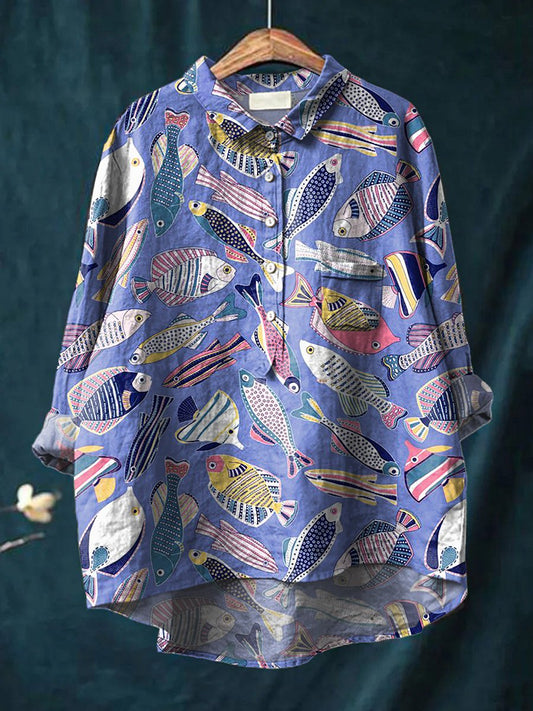 Coral Reef Fish Pattern Printed Women's Casual Cotton And Linen Shirt