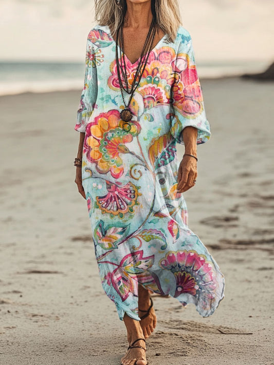 Women's Floral Art Print Pocket Cotton Dresses