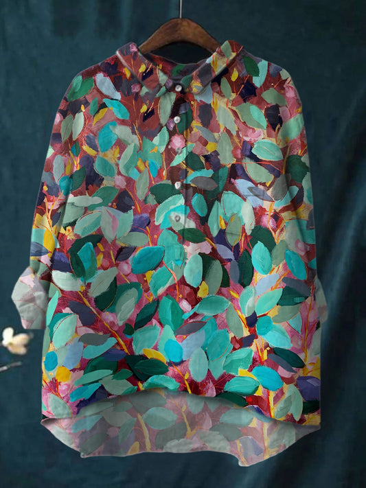Colorful Branch And Leaf Printed Cotton And Linen Shirt