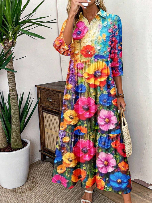 Women's Art Flower Pattern Cotton and Linen Dress