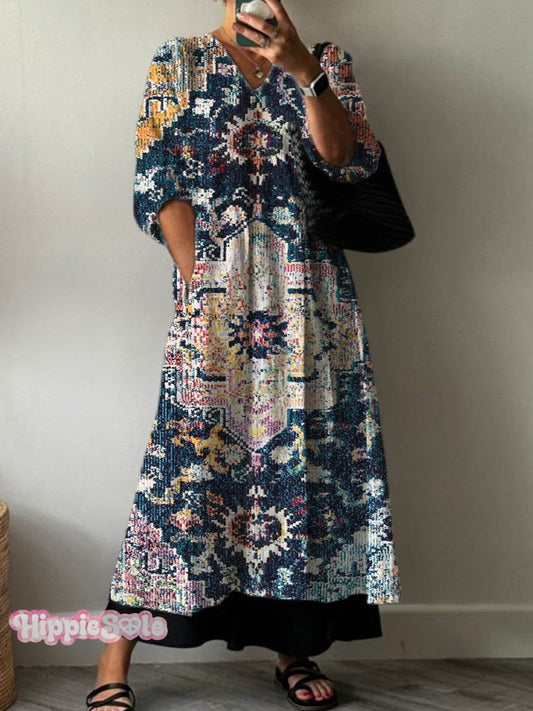 Women's Vintage Lovely Floral Art Print Pocket V-neck Cotton Dress