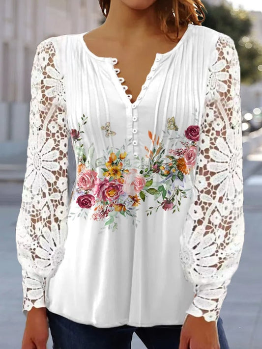 Women's Floral Print V-Neck Casual Shirt