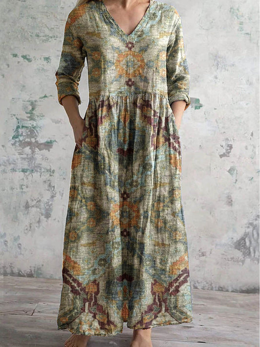Women's V-Neck Retro Geometric Pattern Cotton And Linen Dress