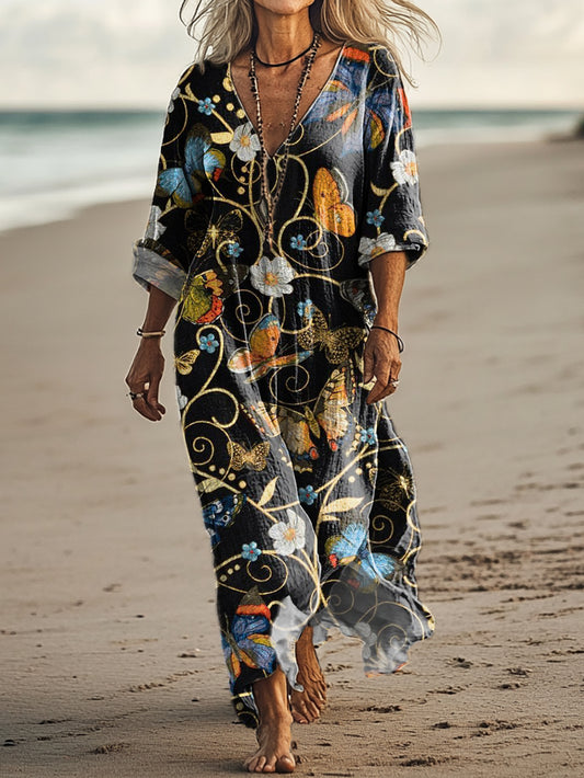 Women's Vintage Butterfly Art Print Pocket Cotton Dress